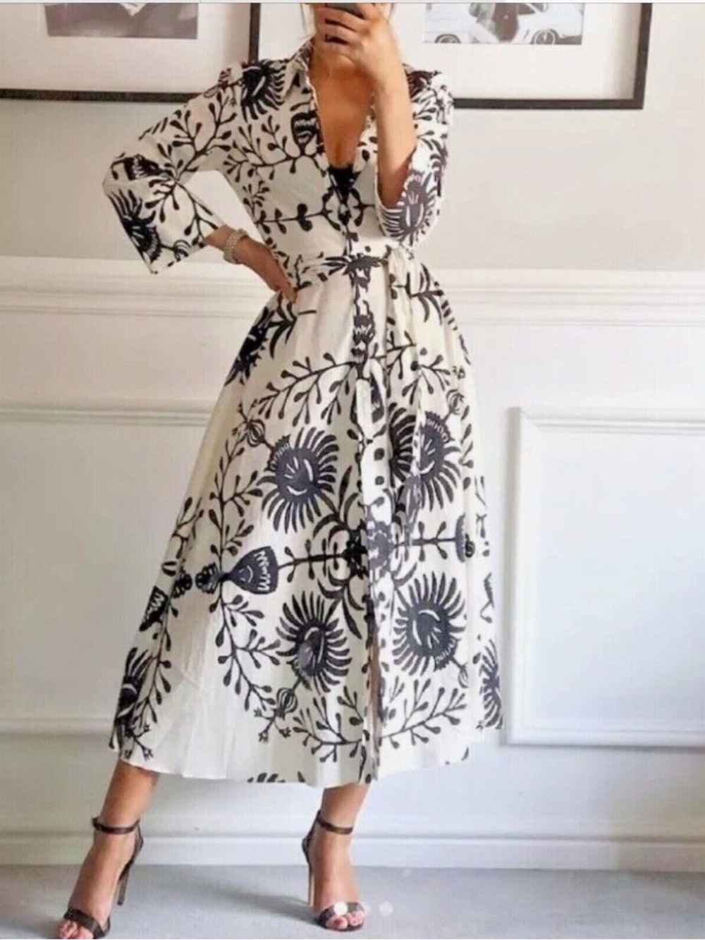 Zara Black & White Floral Tie-Waist Midi Dress